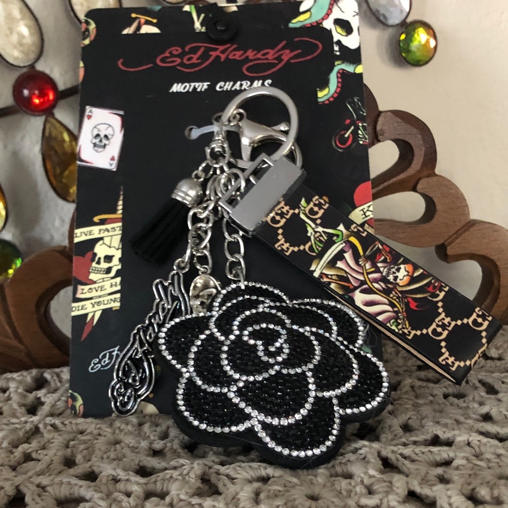 NEW Ed Hardy Skull & Black and Silver Floral Key Holder/Purse Charm
